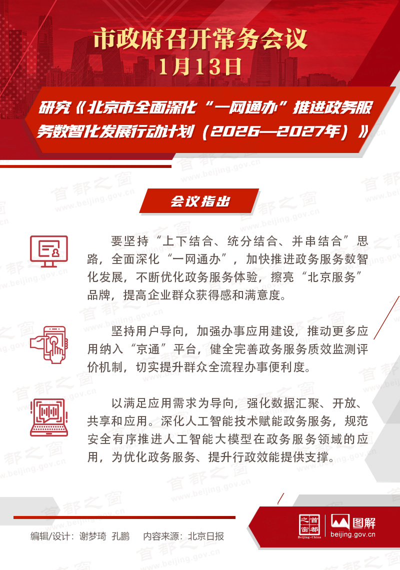 市政府常務會議圖解：研究《北京市全麵深化“一網通辦”推進政務服務數智化發展行動計劃（2026—2027年）》