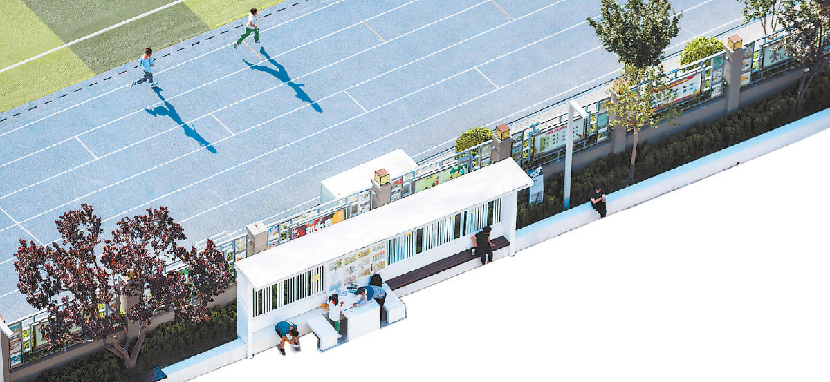 梨園學校護欄外的一處廊下方桌,成了學生們的室外課堂。 梨園學校護欄外的一處廊下方桌,成了學生們的室外課堂。