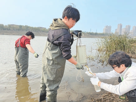 學生們相互配合收集水樣。