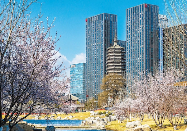 西海子公園內遙望燃燈塔與城市現代建築群古今交融。